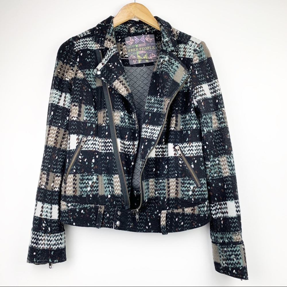 FREE PEOPLE Speckled Plaid Slanted Zip Jacket 6